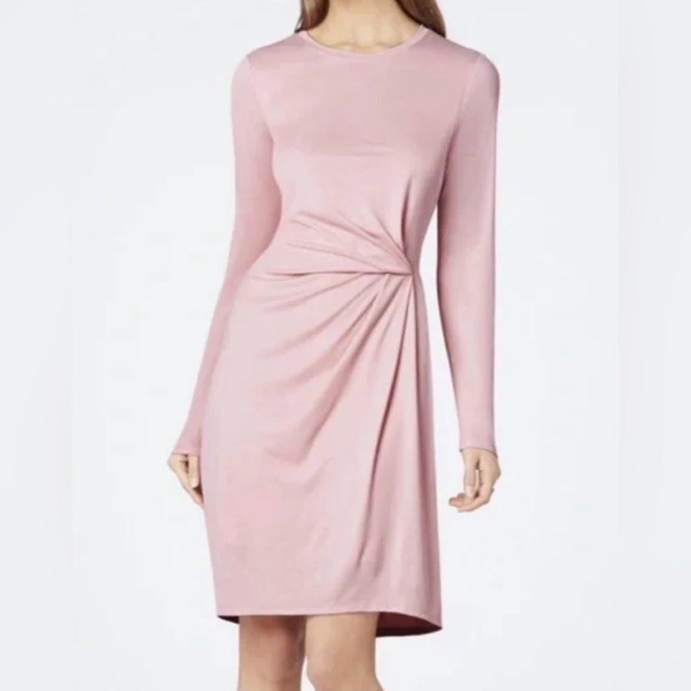 BCBGMaxAzria Blush Pink Long Sleeve Draped Chic Clean Lines Midi Dress Small